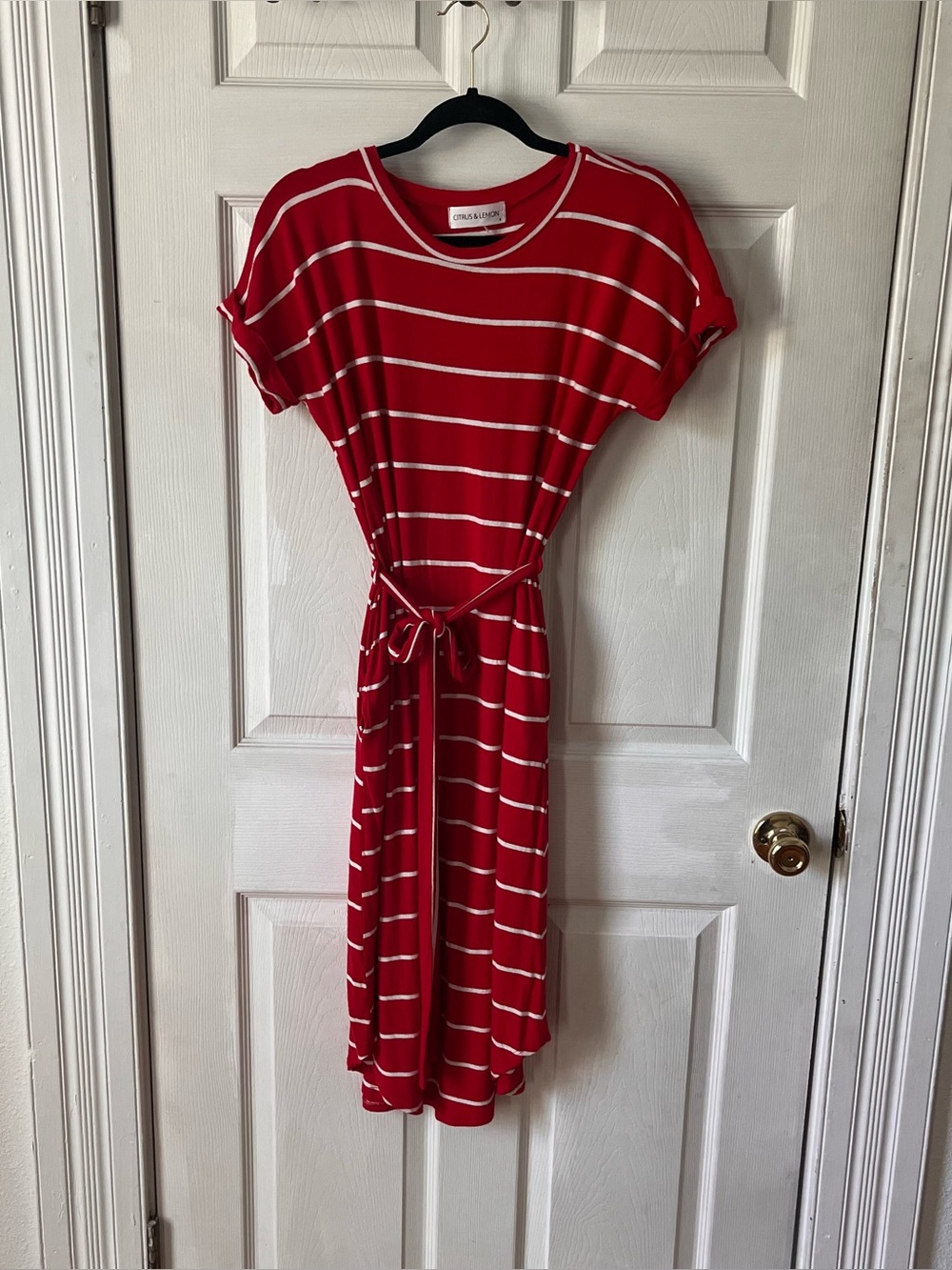 Casual Red & White Striped Tie-Waist Midi Dress